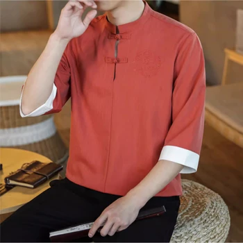 Мужская рубашка с коротким рукавом в китайском стиле, мужская летняя рубашка Icesilk с воротником-стойкой, традиционная мужская куртка Hanfu с пряжкой на циферблате.