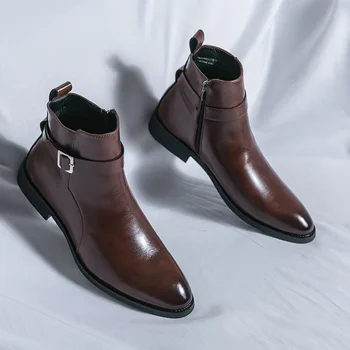Мужские ботинки из натуральной кожи в английском стиле, короткие ботинки с острым носком, мужские ботинки Челси, трендовая обувь с высоким берцем, зимние деловые ботинки