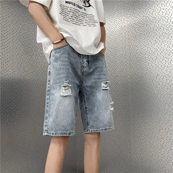 Мужские джинсовые шорты Тонкие потертые джинсовые шорты Мужские летние свободные уличные брюки в американском ретро стиле