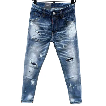 Мужские джинсы starbags dsq 893 с белой заплаткой для стирки, приталенные, осенне-зимние рваные джинсы в стиле пинто, модные брюки в стиле рок