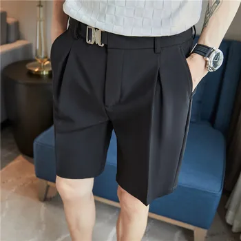 Мужские летние шорты черного, белого, хаки цвета, прямые брюки с эластичной резинкой на талии, укороченные короткие брюки с пряжкой