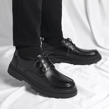 Мужские оксфорды в британском стиле, повседневная носимая обувь на шнуровке, круглый носок, платформа, толстая подошва, обувь из натуральной кожи, рабочая деловая обувь