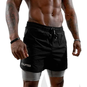 Мужские тренировочные шорты для фитнеса 2 В 1, дышащие Шорты для бега трусцой, бодибилдингом, баскетболом, быстросохнущие Черные шорты для бега