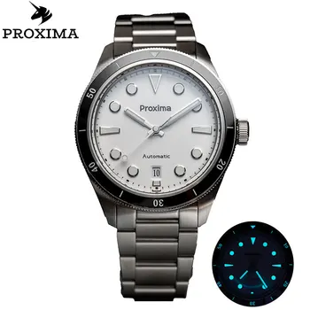 Мужские часы Proxima Retro 39 мм, белый эмалевый циферблат, Пузырьковый сапфир PT5000 SW200, автоматические Механические винтажные часы со светимостью 20 бар