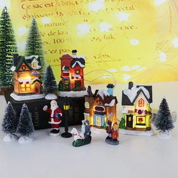 Набор рождественских деревенских украшений из светодиодной смолы, Фигурки Санта-Клауса, Сосновые иголки, Дом с видом на снег, праздничный подарок для домашнего декора