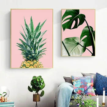 Настенный плакат в скандинавском тропическом стиле, пальмовые листья, ананас, картина на холсте, розовые и зеленые Свежие фотографии для декора стен в гостиной