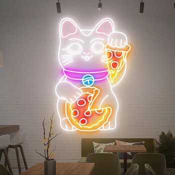 Неоновая вывеска Luck Cat с пиццей на японском заказ Неоновые вывески для бизнеса, вывеска перед магазином, милый неоновый декор стен в стиле аниме, светодиодная подсветка