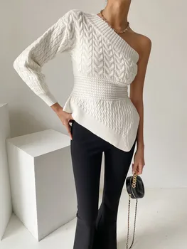 Новая Мода Свитер С Открытыми Плечами Для Женщин 2023 Осень Белый Вязаный Пуловеры для Свитера Женский OL Джемпер Для Вечеринок Трикотаж Sueter Mujer