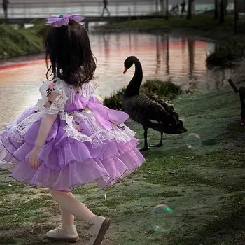 Новое летнее платье принцессы, детское платье Vitange, милое фиолетовое платье в стиле Лолиты с коротким рукавом, платье для девочек в цветочек, платье для девочек на Ид