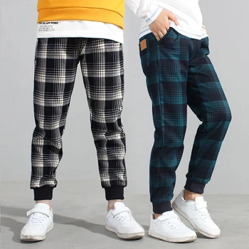 Новые весенне-осенние Модные повседневные брюки для мальчиков в корейском стиле Детские клетчатые брюки с эластичным поясом и завязками на возраст 4-13 лет