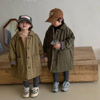 Новые Зимние Детские пальто с хлопковой подкладкой в Корейском стиле, теплые утепленные Однотонные парки Унисекс, Детская Повседневная верхняя одежда