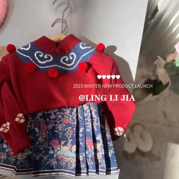 Новый детский Утепленный свитер В Китайском стиле, Hanfu, юбка с Лошадиной мордой И платье в стиле Тан Для девочек, Зимний комплект с длинными рукавами