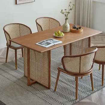 Обеденный стол из массива дерева, бытовой прямоугольный обеденный стул из бревна, комбинированный ротанг, декоративный