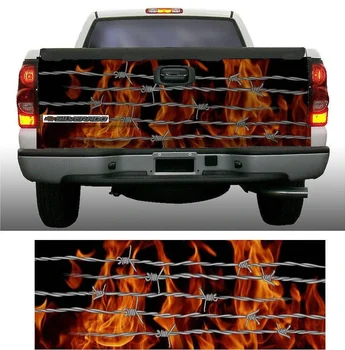 Огненное пламя, колючая проволока, черно-оранжевая роспись, виниловая графическая наклейка на крышку багажника
