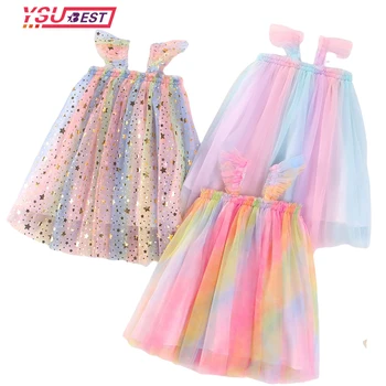 Одежда для девочек 1-7 лет, детские платья, летняя повседневная одежда, платье на бретелях с блестками и звездами, праздничная детская одежда Rainbow для маленьких девочек
