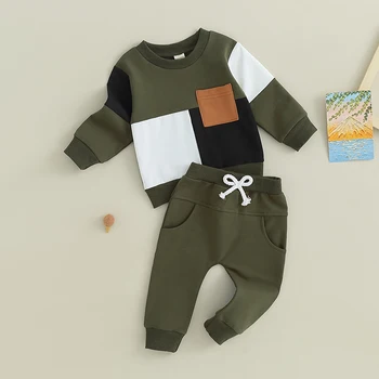Одежда для мальчика из 2 предметов, толстовка контрастного цвета с длинным рукавом и эластичные штаны для малыша, осенний спортивный костюм