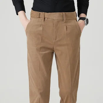 Одинарные плиссированные вельветовые облегающие костюмные брюки, мужская официальная Корейская одежда, осенние мужские брюки черного цвета цвета Хаки