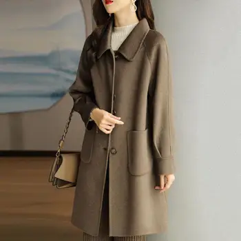 Однобортное шерстяное пальто, осенне-зимнее шерстяное пальто, стильное женское шерстяное пальто с отворотом и длинным рукавом, однобортное с для