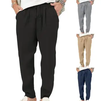 Однотонные мужские брюки, уличная одежда, мужские брюки, прямые брюки с эластичным поясом, карманы на шнурках для стильного образа