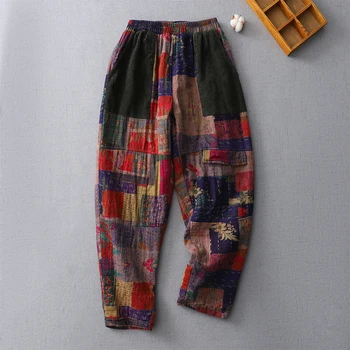 Осенне-зимние Литературные Свободные женские повседневные брюки винтажного стиля Контрастного цвета в стиле пэчворк С эластичной талией, Уютные универсальные брюки