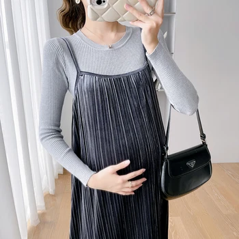 Осенне-зимний комплект одежды для беременных, свитер с длинным рукавом, бархатное плиссированное платье с завязками на бретелях, костюм для беременных Twinset