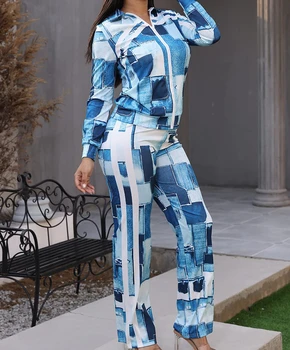 Осень и зима 2023, женские брюки, комплект из двух предметов, модная универсальная повседневная блузка с длинным рукавом и брючный костюм с принтом, уличная одежда