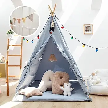 Палатка-вигвам с Мягким Ковриком Складные Однотонные Палатки для Девочек и Мальчиков Брезентовый Игровой Домик-Вигвам для помещений на открытом воздухе