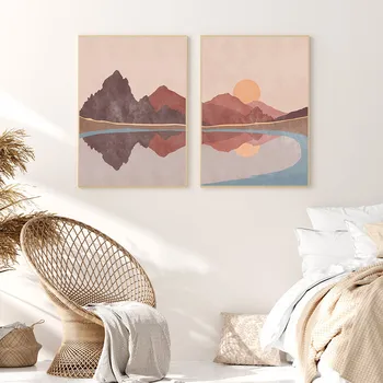 Печать плаката на холсте в стиле бохо, озеро, гора, Абстрактный пейзаж с закатом, настенная картина в скандинавском стиле для декора спальни