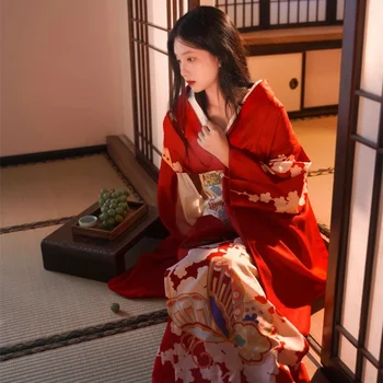 Пижамы в восточном японском стиле Харадзюку для женщин и девочек, Красное цветочное Кимоно, Юката, Длинный халат, свободная Сексуальная Пижама, Домашняя одежда