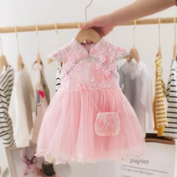 Платье для маленькой девочки Детское платье принцессы чонсам Летнее платье для маленькой девочки Pengpeng газовое платье с короткими рукавами Hanfu