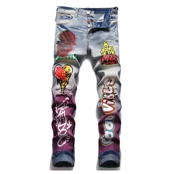 Повседневные джинсовые брюки Mcikkny с рваным принтом, уличная одежда в стиле хип-хоп, выстиранные джинсовые брюки для мужчин в стиле пэчворк
