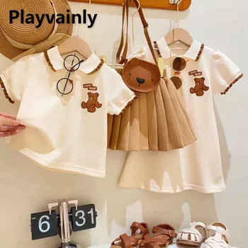 Подходящие наряды для девочки-сестры, Повседневное платье-поло с короткими рукавами, футболка с мультяшным медведем, Однотонная плиссированная юбка, одежда для близнецов, H95079