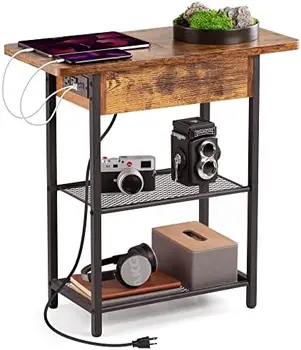 Приставной столик с Зарядной Станцией, Узкий Приставной столик с Хранилищем, 2 USB-портами и 2 Розетками Питания, Прикроватный столик с Откидной крышкой / Прикроватный столик