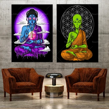 Психоделический Инопланетный Плакат с Буддой и йогой на холсте-Украшение стен для медитации дзен-хиппи-Космический научно-фантастический арт-принт-Духовное оформление комнаты