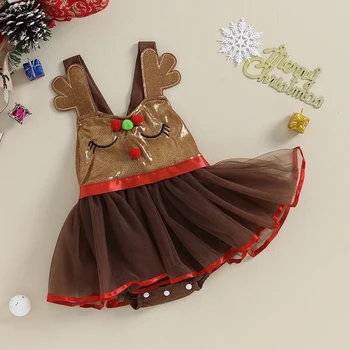 Рождественская одежда для новорожденных девочек, платье-ползунки с длинными рукавами и оборками, комбинезон с повязкой на голове, комплект одежды