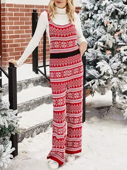 Рождественский комбинезон для женщин с принтом снежинок, широкие трикотажные комбинезоны, свитер, длинные брюки-ползунки с карманами