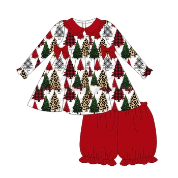 Рождественский комплект одежды для девочек в новом стиле, платье с длинными рукавами и принтом рождественской елки, комплект шорт и такой же комбинезон из молочного шелка