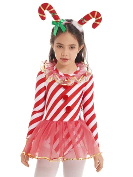 Рождественский костюм из конфетной трости для детей и девочек, Сетчатое платье с длинными рукавами и принтом в полоску, Купальник-пачка, Балет, Катание на коньках, Танцевальная одежда