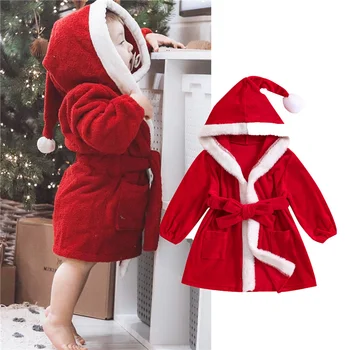 Рождественский халат для маленьких девочек, бархатный халат контрастного цвета с мехом и капюшоном, пижамы 6 месяцев-4 года