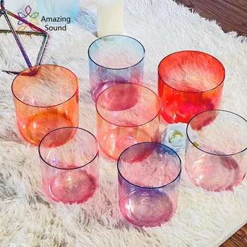 Розовая серия градиентных семицветных хрустальных поющих чаш, набор музыкальных чаш, звуковая чаша Будды, хрустальная чаша