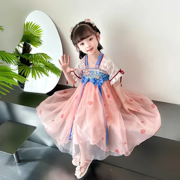 Розовое платье с цветочной вышивкой для девочек, Китайская Древняя традиционная одежда, Детский Народный танец Hanfu