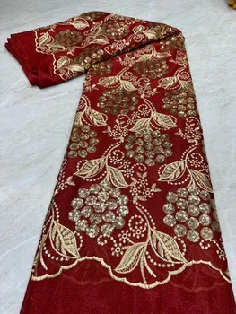 Роскошная флокированная Африканская кружевная ткань 5 ярдов для Французского свадебного платья, Высококачественные Нигерийские блестки, тюль, Бархатное кружевное шитье