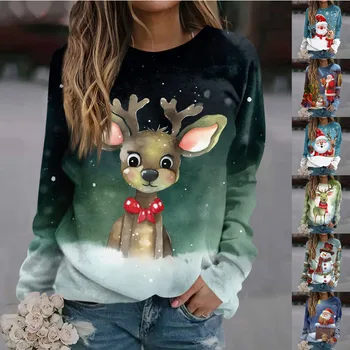 Свитера для женщин 2023, Элегантный Женский пуловер с круглым вырезом, свитер, Новые женские свитшоты с рождественским принтом с длинными рукавами, свитер