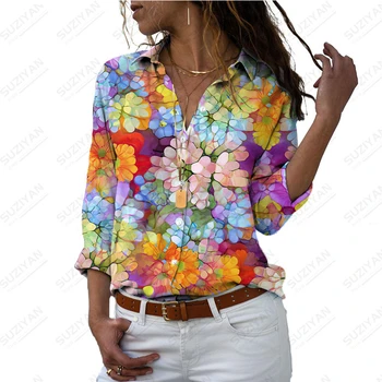 Свободная женская рубашка с V-образным вырезом и длинными рукавами в стиле харадзюку с 3D-печатью, окрашенный цветной галстук, модный элегантный топ для девочек, большие размеры