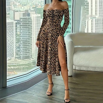 Сексуальное длинное платье с вырезом лодочкой и высоким разрезом по низу, женское весеннее шикарное вечернее платье трапециевидной формы с леопардовым принтом, осеннее платье Макси с длинным рукавом и открытой спиной