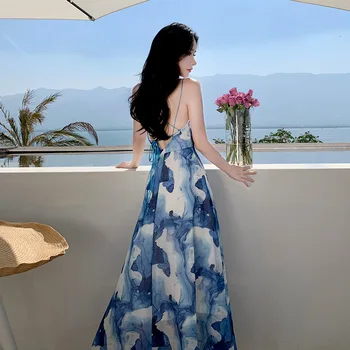 Сексуальное пляжное высококачественное модное платье с модным принтом 2023, новый дизайн, женское богемное платье с длинным пляжным V-образным вырезом, чернильный принт