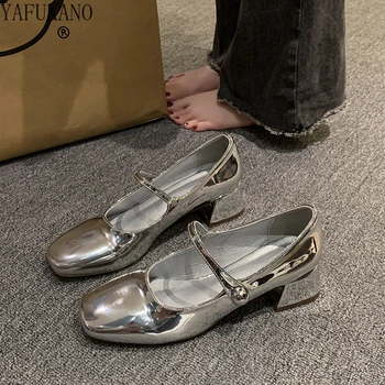 Серебряные тонкие туфли Mary Jane Модные кожаные туфли на высоком массивном каблуке с квадратным носком и мелким носком в стиле ретро Французские женские туфли-лодочки