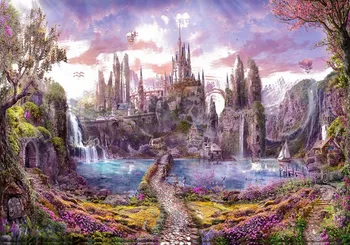 сказочный замок принцессы, заколдованный Лес, водопад, озеро, дерево, фоны, фон для стен