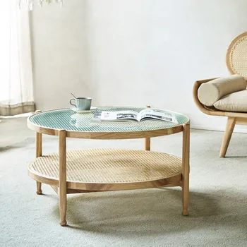 Современный круглый стол небольшого размера, домашний стол из массива дерева, ротанга, круглый журнальный столик из двухслойного стекла