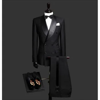 Сшитый на заказ приталенный Черный мужской блейзер из 2 предметов, двубортный костюм, мужские свадебные костюмы, смокинги жениха для мужчин (куртка + брюки + галстук)